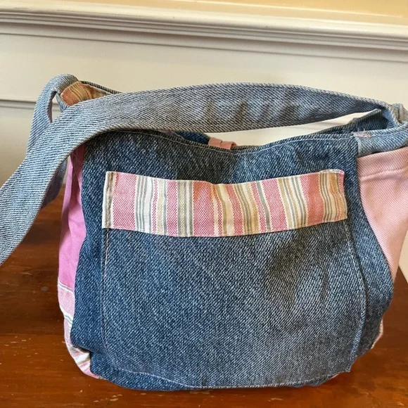 Casual Handmade Upcycled Denim and Pink Striped Reversible Shoulder Bag - Picture 5 of 5
